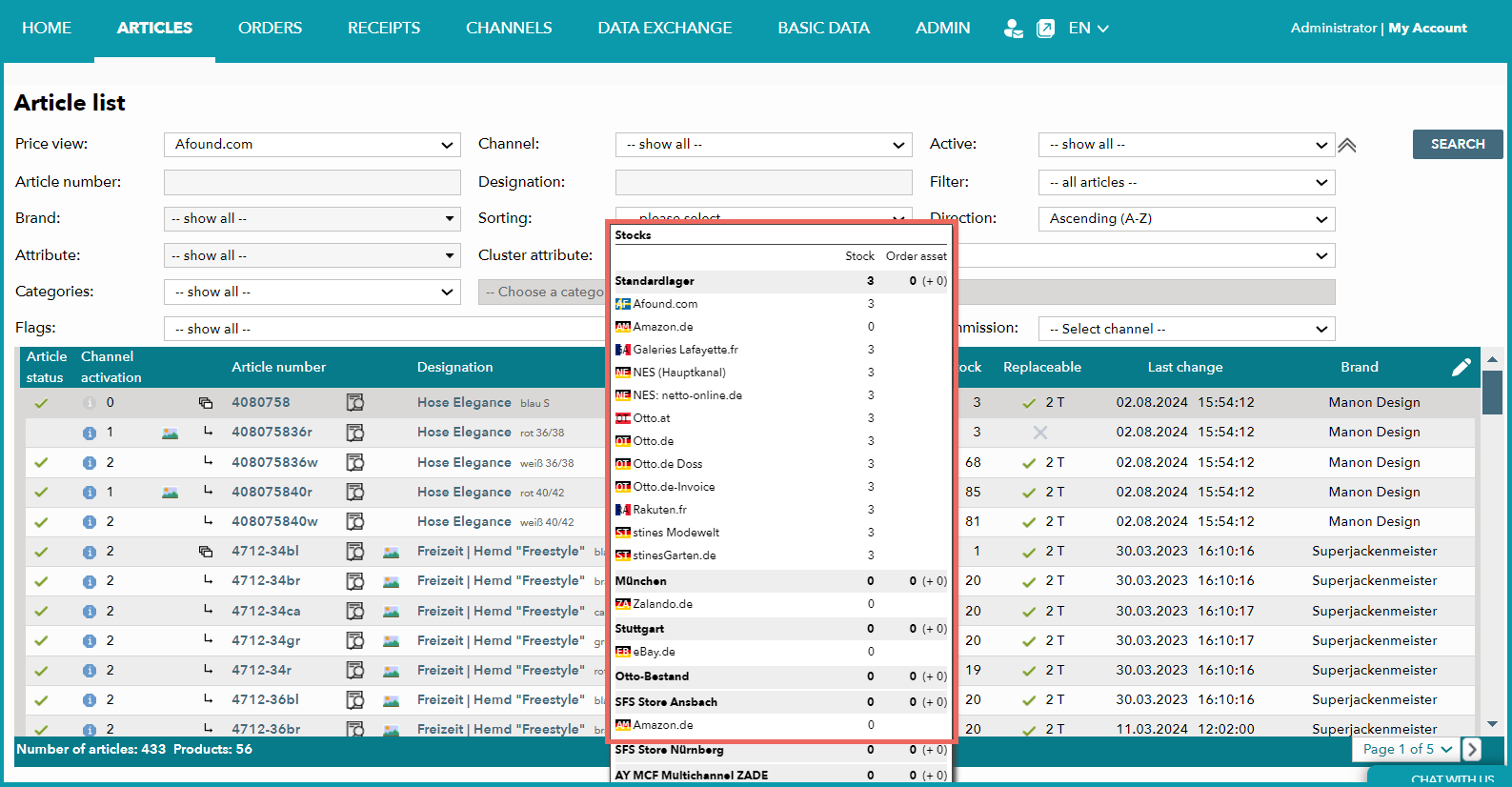 Fig. 3: Stock numbers in the article list. Fig. 3: Stock numbers in the article list.